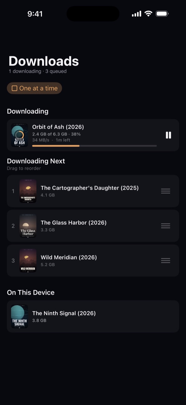 The Downloads screen in Viewy: one film downloading, three waiting
