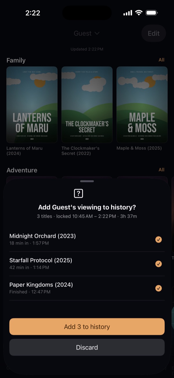 On unlock, Viewy asks whether to add the Guest view's viewing to history